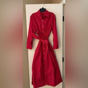 Tuckernuck Red Long-Sleeve Button-Front Shirt Dress with Self-Tie Waist